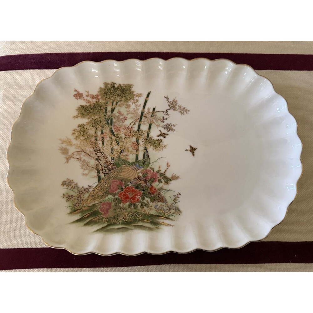 Vintage Scalloped-edge Porcelain Platter with Peacock Nature Scene Gilt Trim.